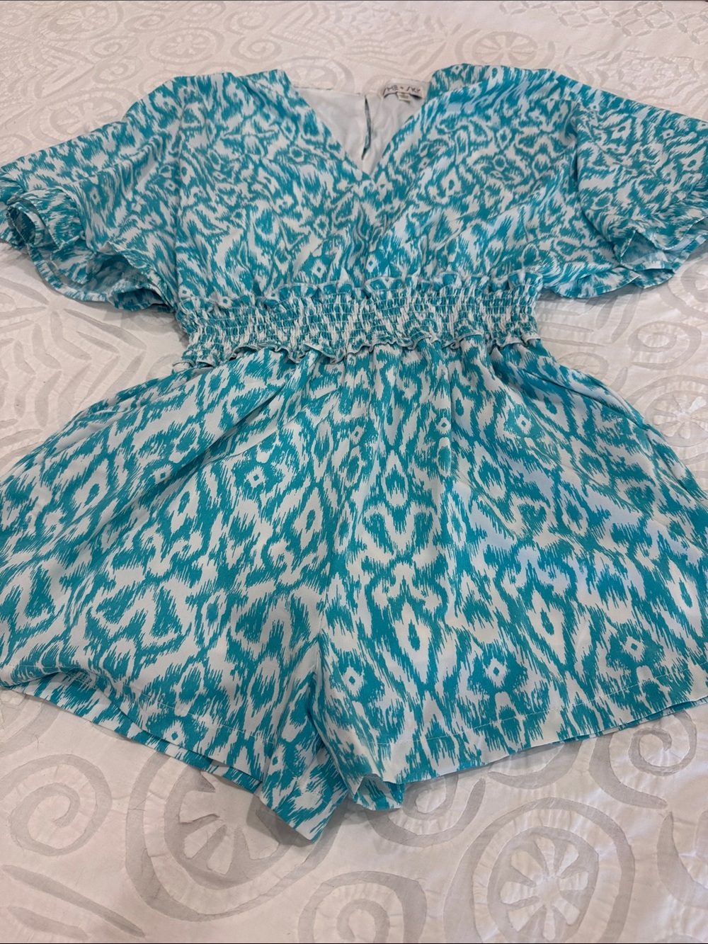 She + Sky Teal and White Printed Romper